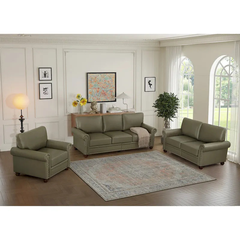 Living Room PU Sofa Set with Storage Sofa, 1+2+3 Sectional with Silver Nails and Solid Wood Legs