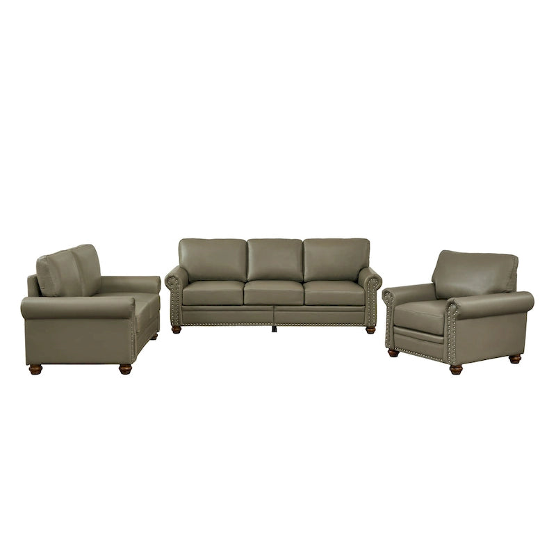 Living Room PU Sofa Set with Storage Sofa, 1+2+3 Sectional with Silver Nails and Solid Wood Legs