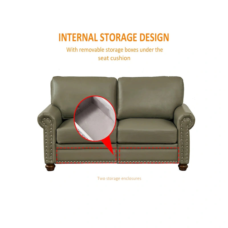 Living Room PU Sofa Set with Storage Sofa, 1+2+3 Sectional with Silver Nails and Solid Wood Legs