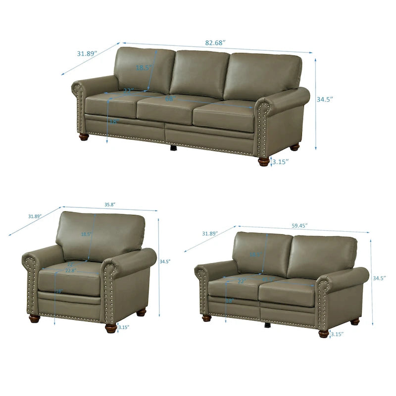 Living Room PU Sofa Set with Storage Sofa, 1+2+3 Sectional with Silver Nails and Solid Wood Legs