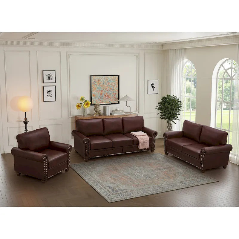 Living Room PU Sofa Set with Storage Sofa, 1+2+3 Sectional with Silver Nails and Solid Wood Legs