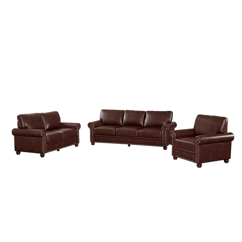 Living Room PU Sofa Set with Storage Sofa, 1+2+3 Sectional with Silver Nails and Solid Wood Legs