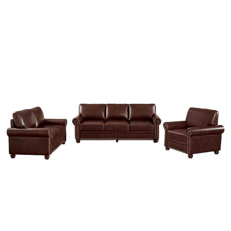 Living Room PU Sofa Set with Storage Sofa, 1+2+3 Sectional with Silver Nails and Solid Wood Legs