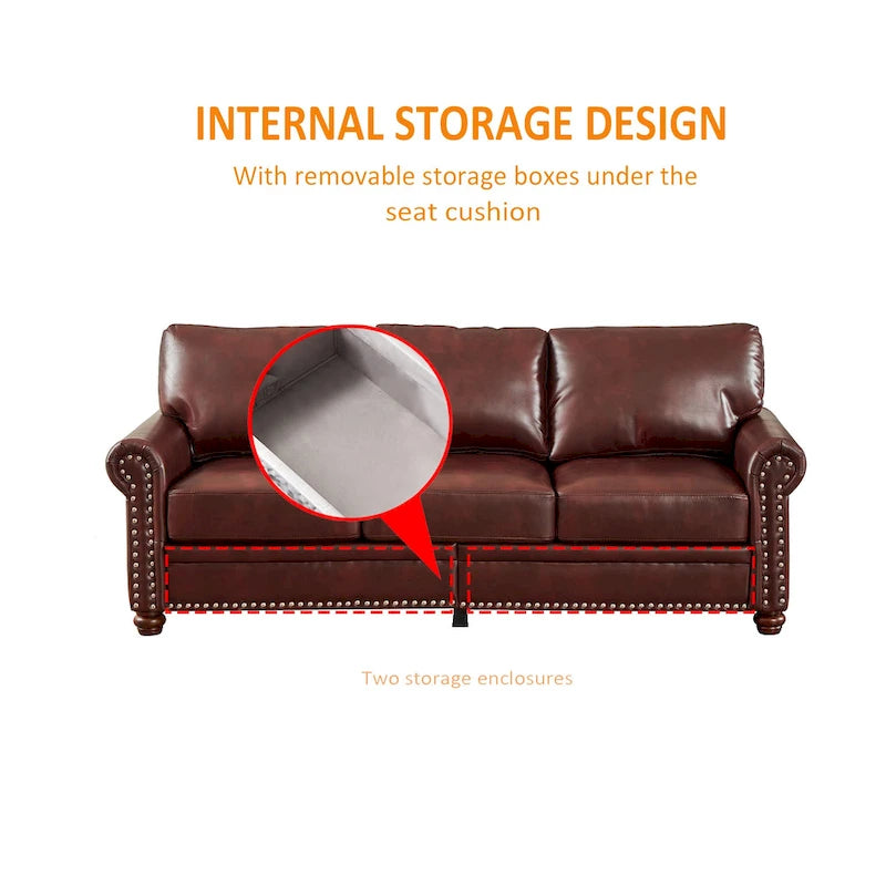 Living Room PU Sofa Set with Storage Sofa, 1+2+3 Sectional with Silver Nails and Solid Wood Legs