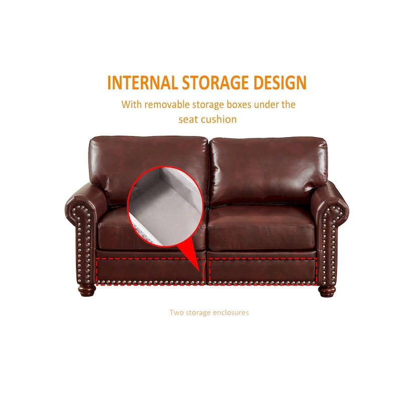 Living Room PU Sofa Set with Storage Sofa, 1+2+3 Sectional with Silver Nails and Solid Wood Legs