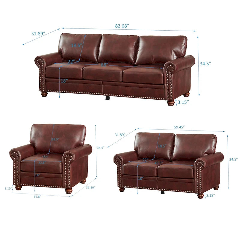 Living Room PU Sofa Set with Storage Sofa, 1+2+3 Sectional with Silver Nails and Solid Wood Legs