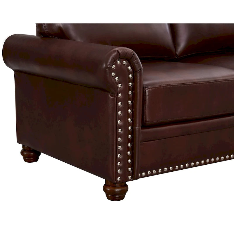 Living Room PU Sofa Set with Storage Sofa, 1+2+3 Sectional with Silver Nails and Solid Wood Legs