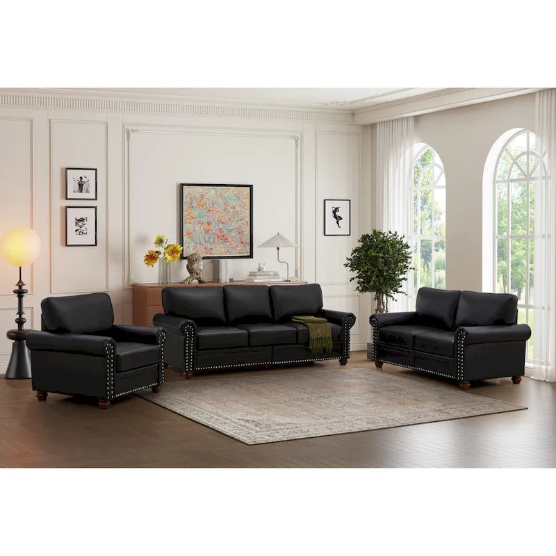 Living Room PU Sofa Set with Storage Sofa, 1+2+3 Sectional with Silver Nails and Solid Wood Legs