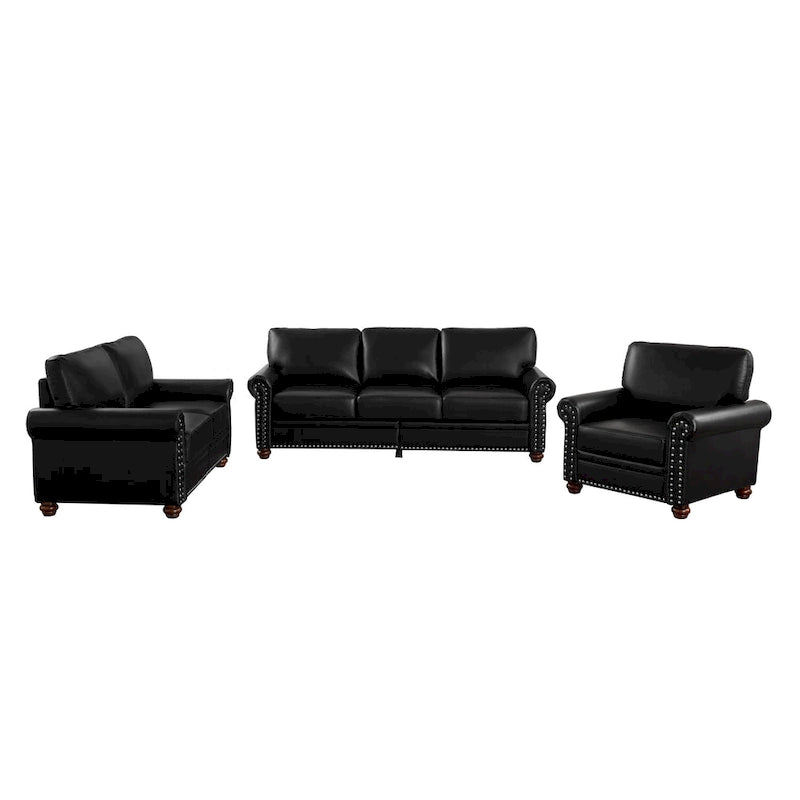 Living Room PU Sofa Set with Storage Sofa, 1+2+3 Sectional with Silver Nails and Solid Wood Legs