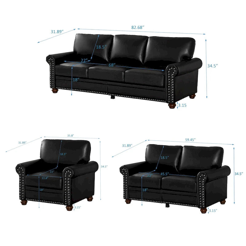 Living Room PU Sofa Set with Storage Sofa, 1+2+3 Sectional with Silver Nails and Solid Wood Legs