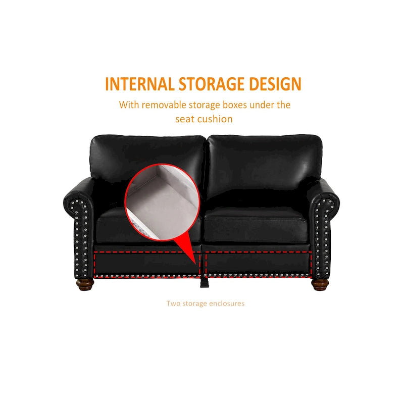 Living Room PU Sofa Set with Storage Sofa, 1+2+3 Sectional with Silver Nails and Solid Wood Legs