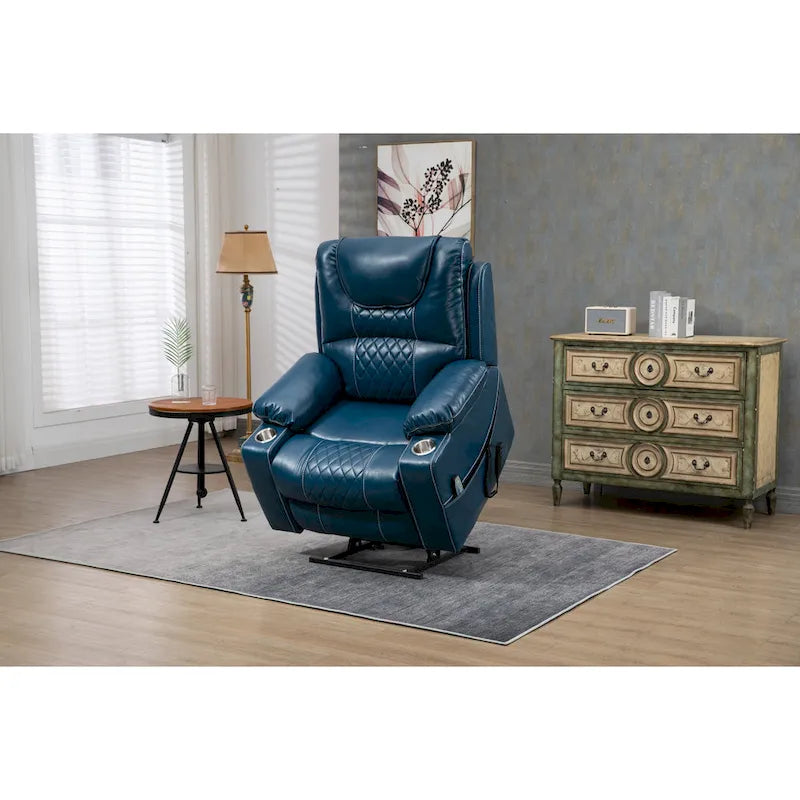 Blue Oversized PU Leather Power Lift Recliner with Massage, Heating, Lay Flat