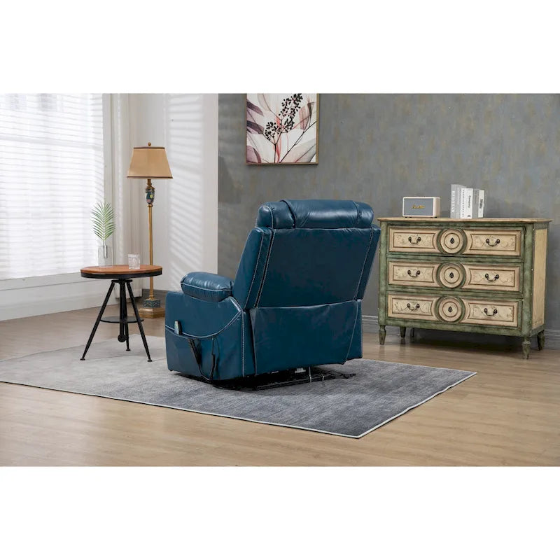 Blue Oversized PU Leather Power Lift Recliner with Massage, Heating, Lay Flat