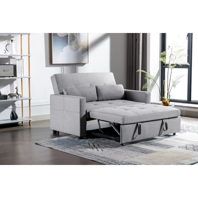 55.12 3-in-1 Linen Convertible Loveseat Sofa Bed with Side Pocket and Pillows