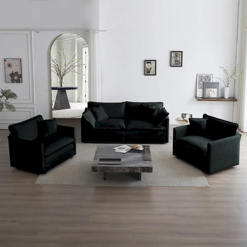 Black 3-Piece Chenille Sofa Set with Loveseat and 2 Single Sofas