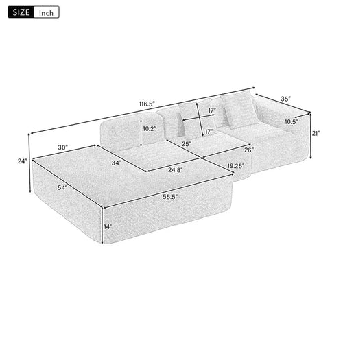 116.5 Sectional Sofa Full-compressed Sofa Couch Free-combined Sofa for Living Room, Grey