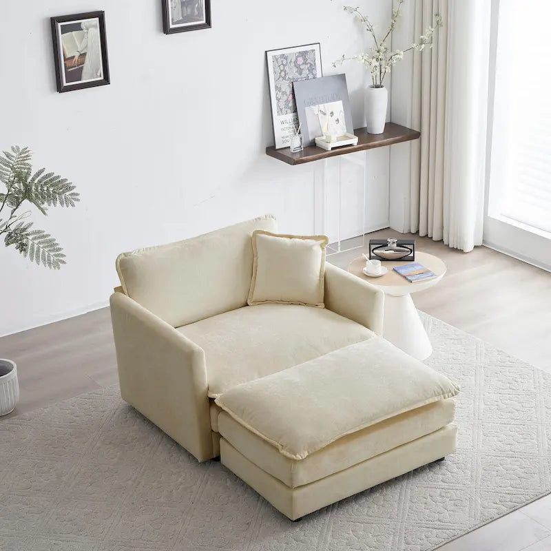 Beige Chenille Single Sofa with Ottoman and Double Cushion Seat