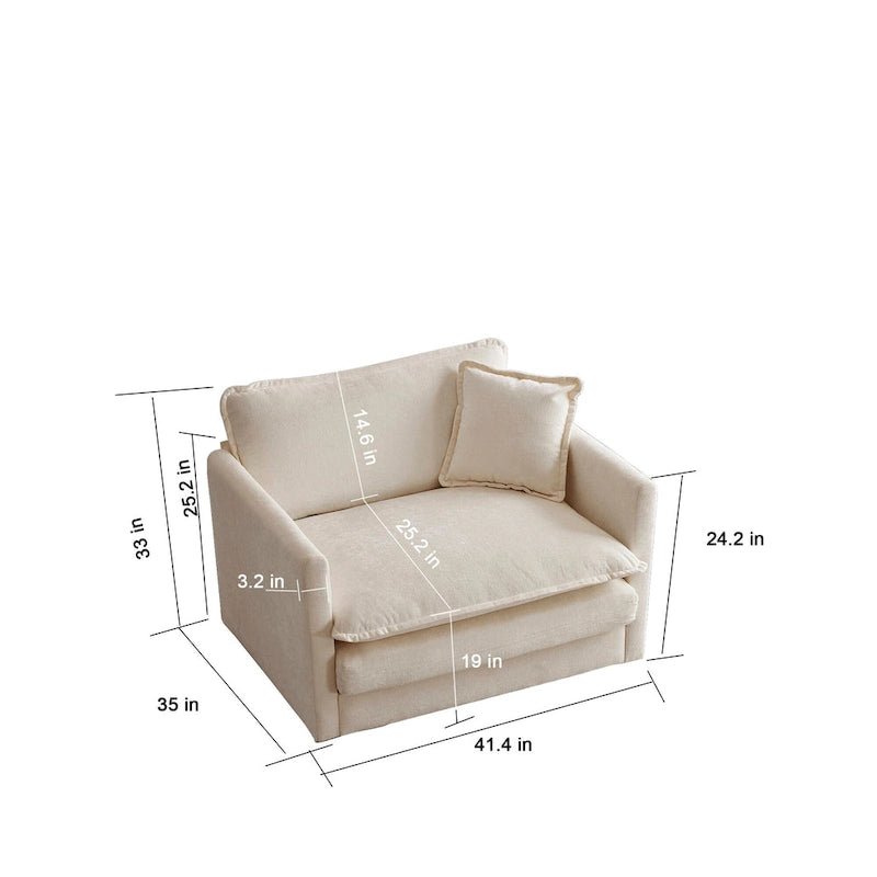 Beige Chenille Single Sofa with Ottoman and Double Cushion Seat