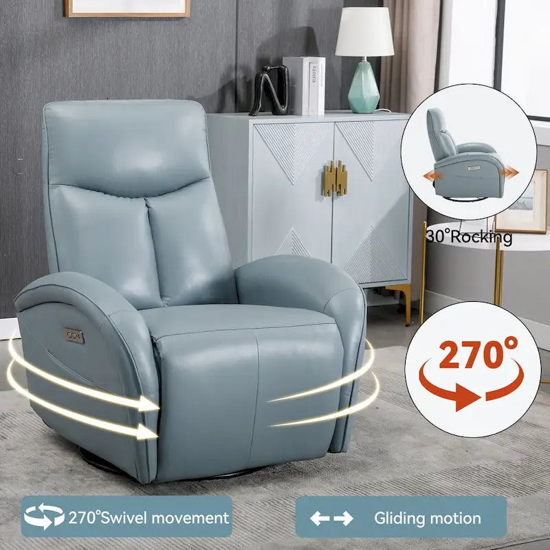 Blue Genuine Leather Swivel Glider Power Recliner with USB, Type-C, Pockets