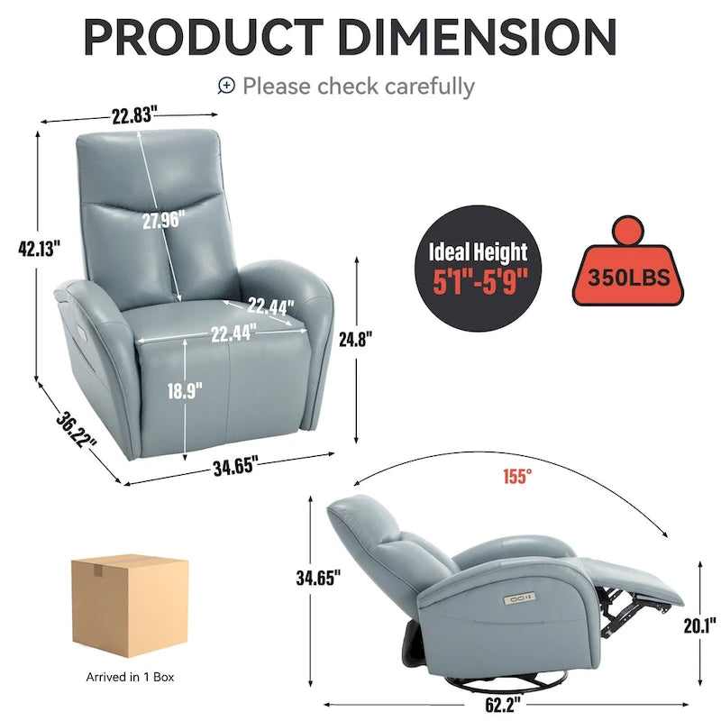 Blue Genuine Leather Swivel Glider Power Recliner with USB, Type-C, Pockets