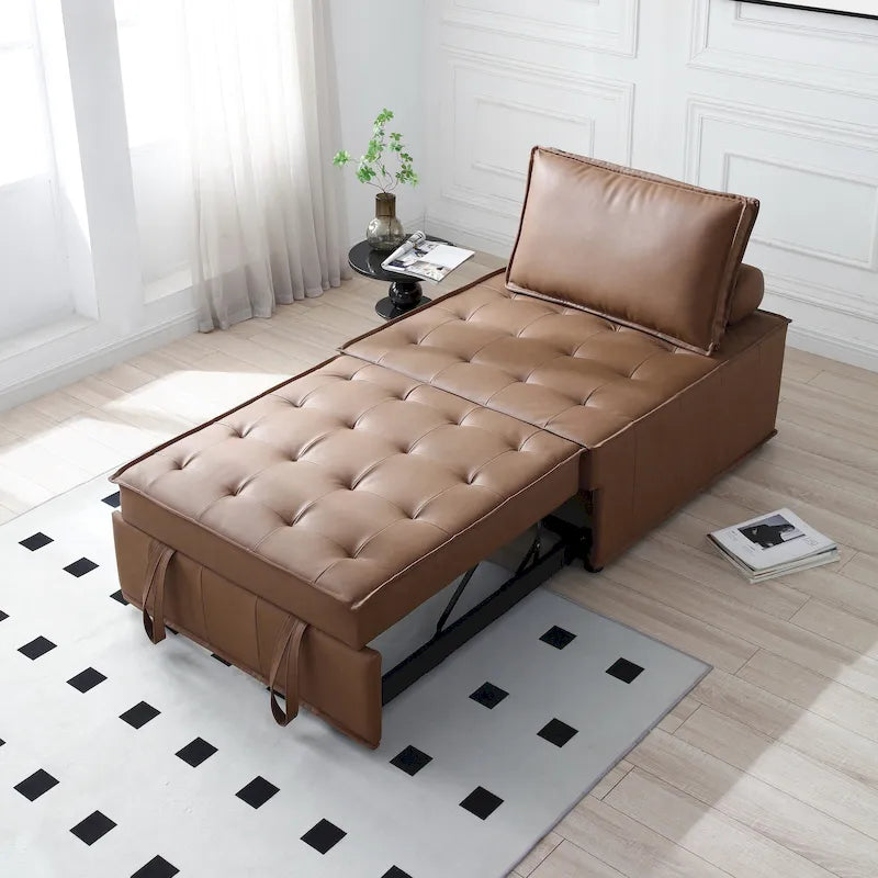39 Faux Leather Single Ottoman Pull-Out Sofa Bed with Adjustable Backrest