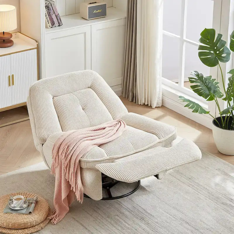 Corduroy Swivel Glider Recliner, Footrest for Living Room