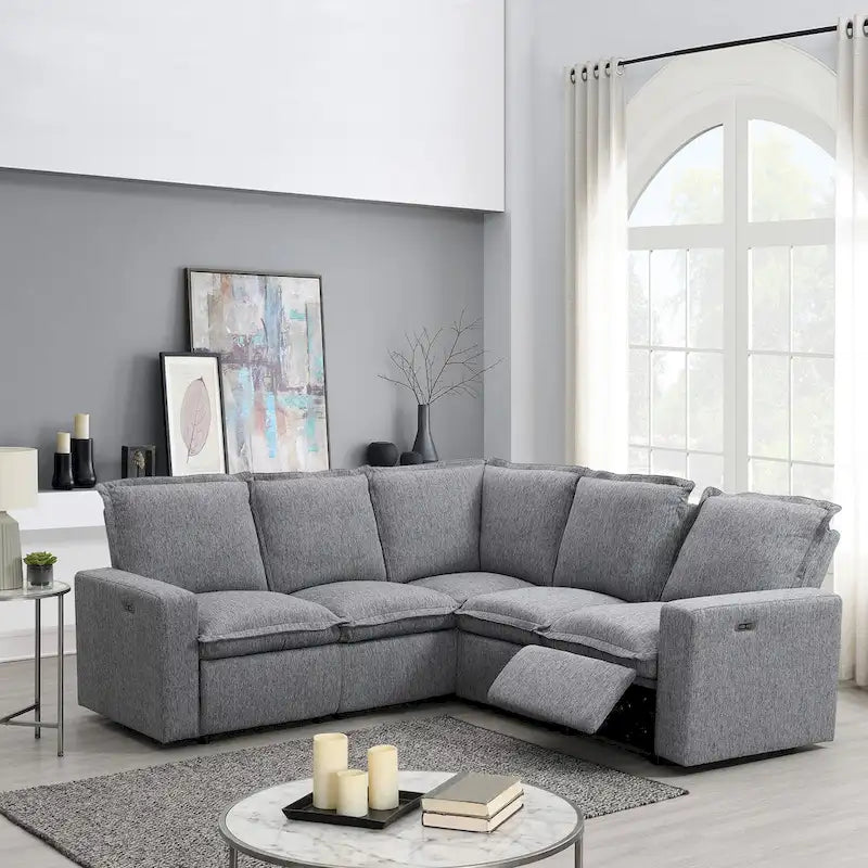 Grey Linen L-Shaped Sectional Sofa with Power Recliners & USB