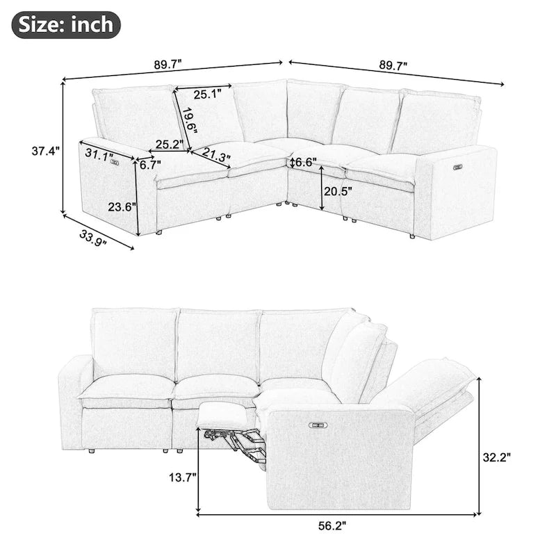 Grey Linen L-Shaped Sectional Sofa with Power Recliners & USB