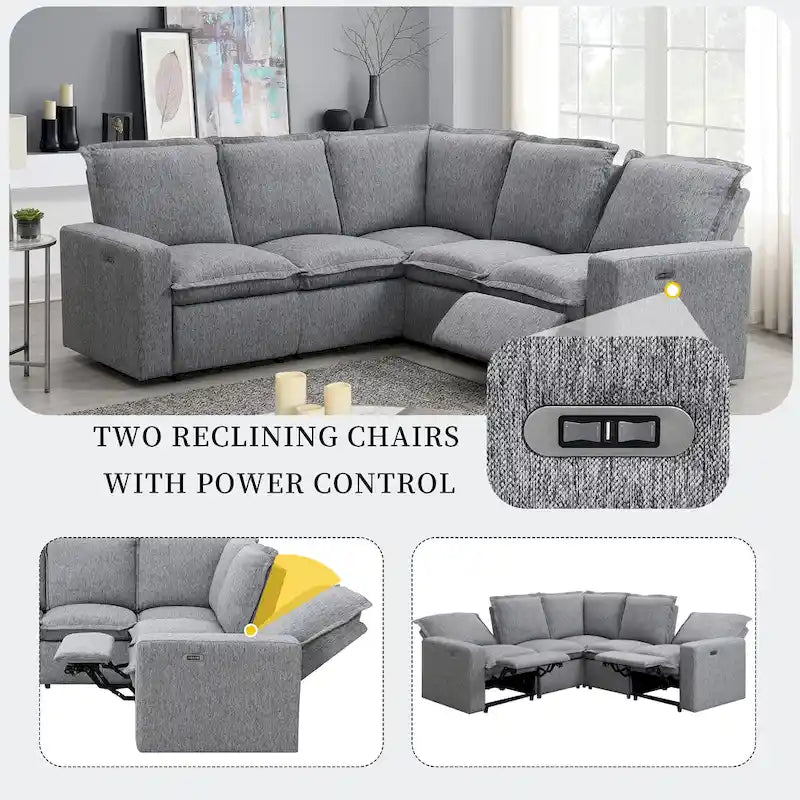 Grey Linen L-Shaped Sectional Sofa with Power Recliners & USB
