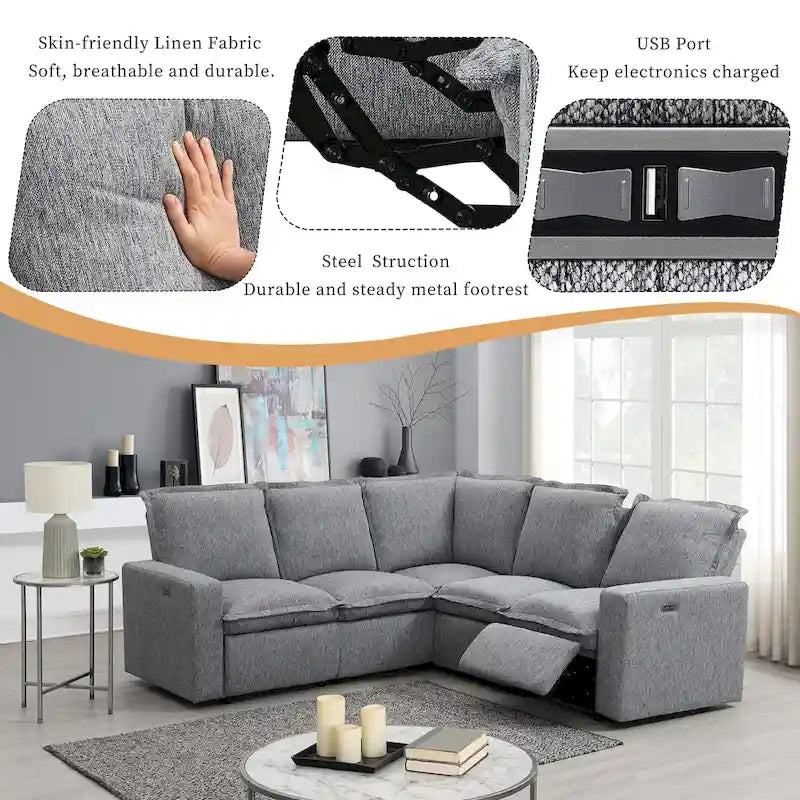 Grey Linen L-Shaped Sectional Sofa with Power Recliners & USB