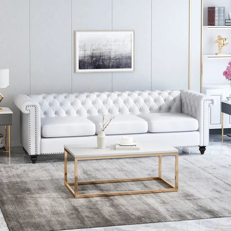White 83 Chesterfield Button Tufted 3-Seater Sofa with Nailheads and Legs