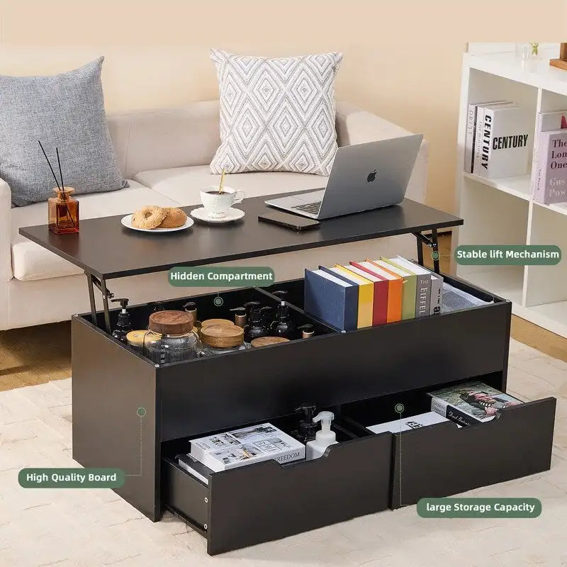 Lift-Top Coffee Table with Storage Center Tables Hidden Compartment & 2 Drawers