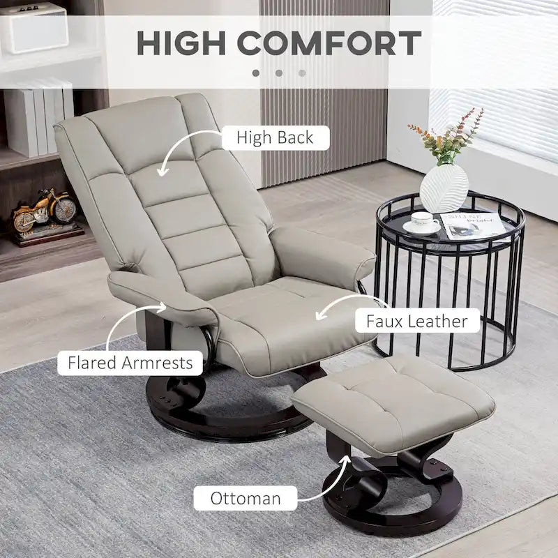 Recliner with Ottoman, Swivel Recliner Chair and Ottoman, Faux Leather Reclining Chair with High Back and Wood Frame
