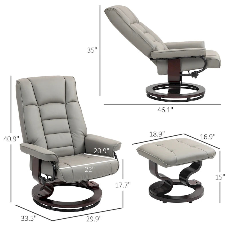 Recliner with Ottoman, Swivel Recliner Chair and Ottoman, Faux Leather Reclining Chair with High Back and Wood Frame