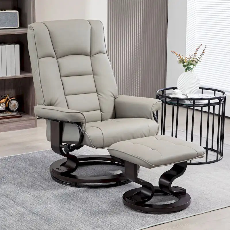 Recliner with Ottoman, Swivel Recliner Chair and Ottoman, Faux Leather Reclining Chair with High Back and Wood Frame