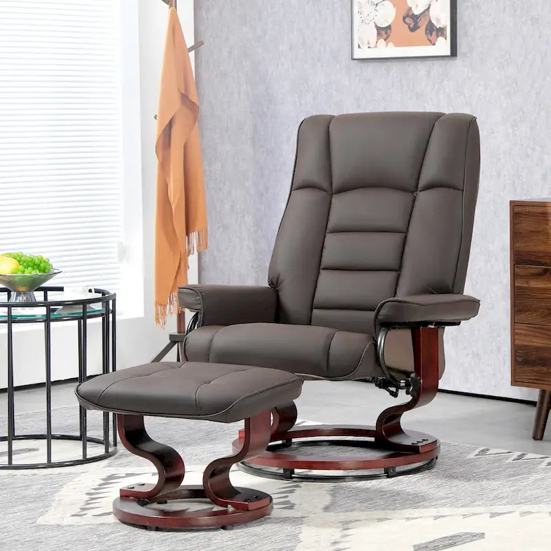 Recliner with Ottoman, Swivel Recliner Chair and Ottoman, Faux Leather Reclining Chair with High Back and Wood Frame