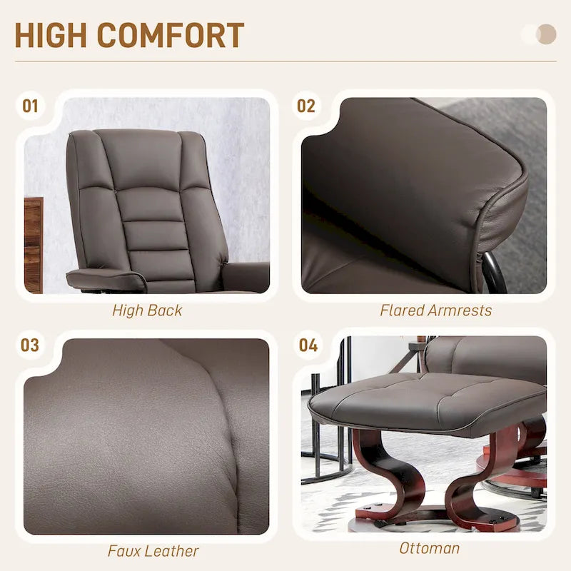 Recliner with Ottoman, Swivel Recliner Chair and Ottoman, Faux Leather Reclining Chair with High Back and Wood Frame