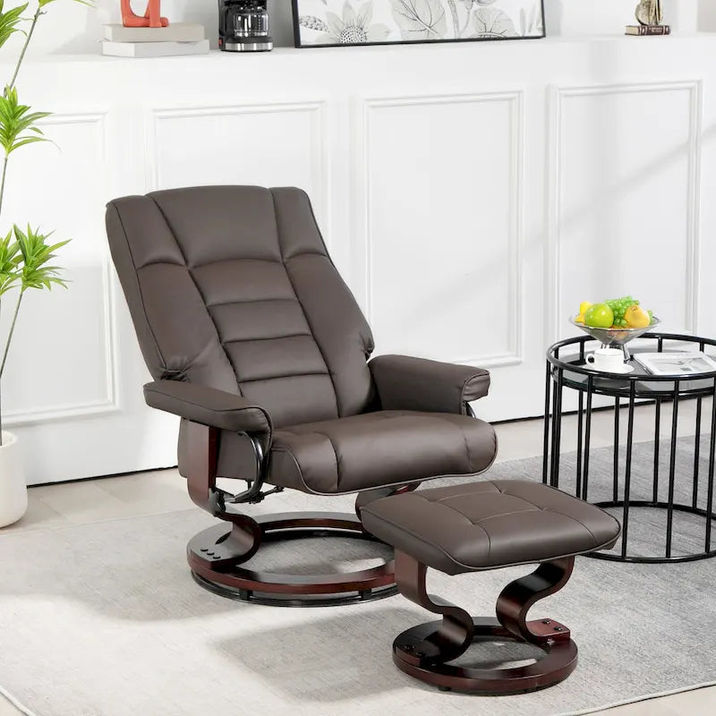Recliner with Ottoman, Swivel Recliner Chair and Ottoman, Faux Leather Reclining Chair with High Back and Wood Frame