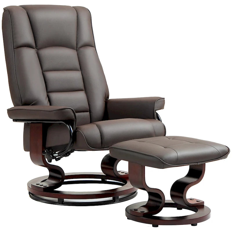 Recliner with Ottoman, Swivel Recliner Chair and Ottoman, Faux Leather Reclining Chair with High Back and Wood Frame