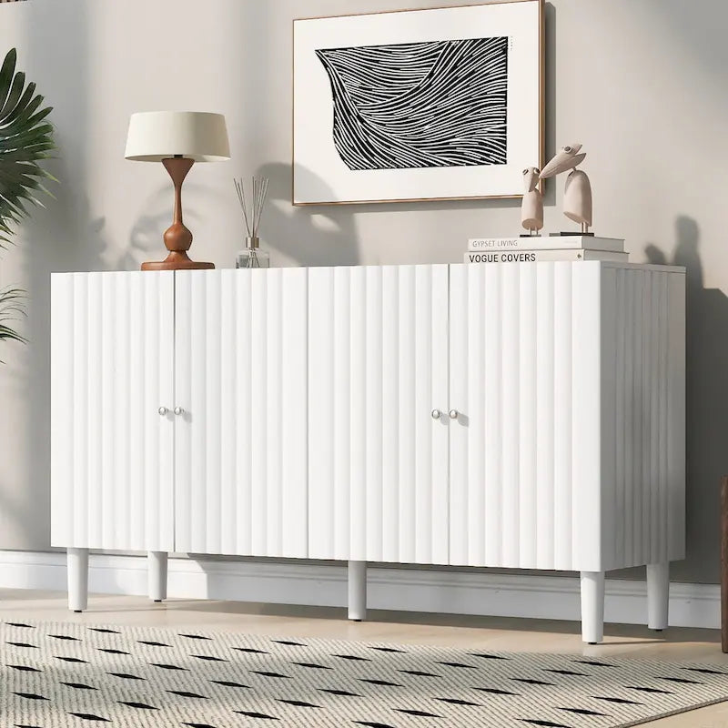 Elegant Four-Door Sideboard with Wavy Pattern Doors, Cylindrical Legs, and Sleek Metal Handles, Adjustable, for Living Room