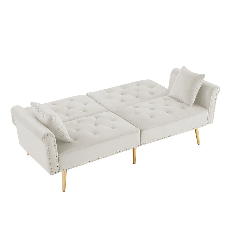Velvet Tufted Sofa Couch with 2 Pillows and Nailhead Trim