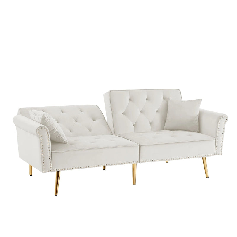 Velvet Tufted Sofa Couch with 2 Pillows and Nailhead Trim