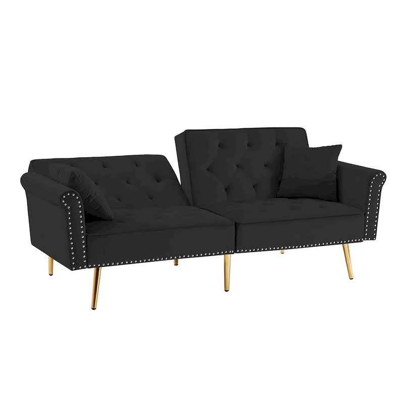 Velvet Tufted Sofa Couch with 2 Pillows and Nailhead Trim