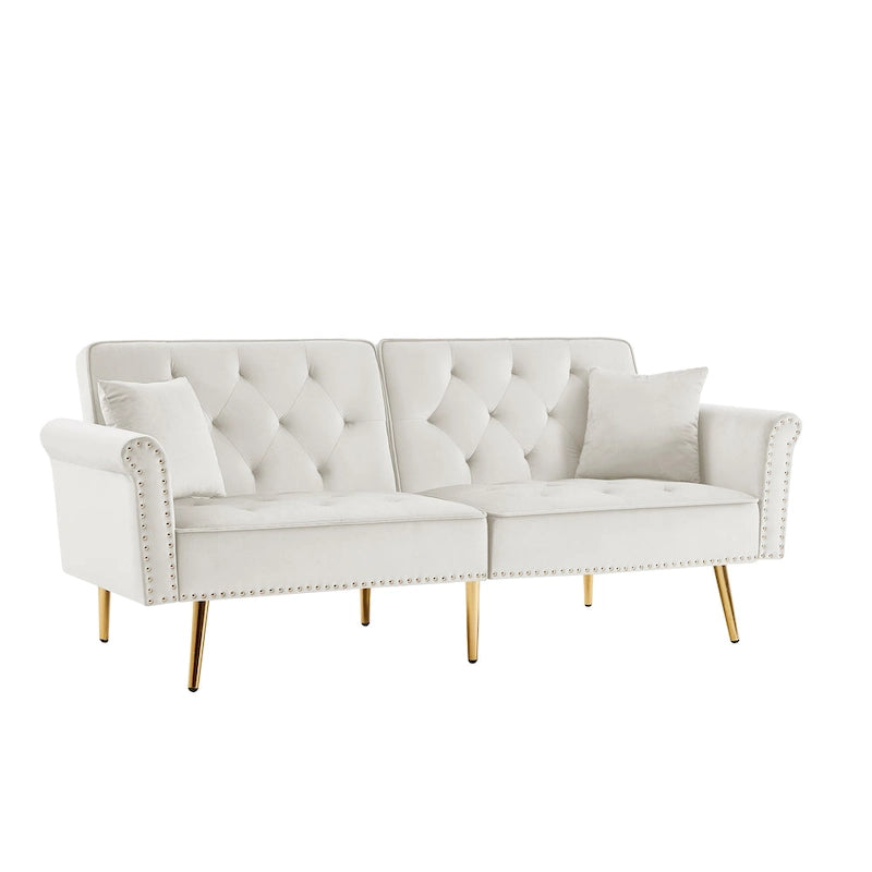 Velvet Tufted Sofa Couch with 2 Pillows and Nailhead Trim