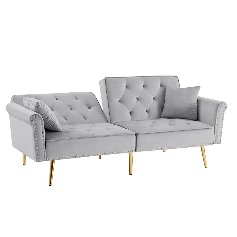 Velvet Tufted Sofa Couch with 2 Pillows and Nailhead Trim