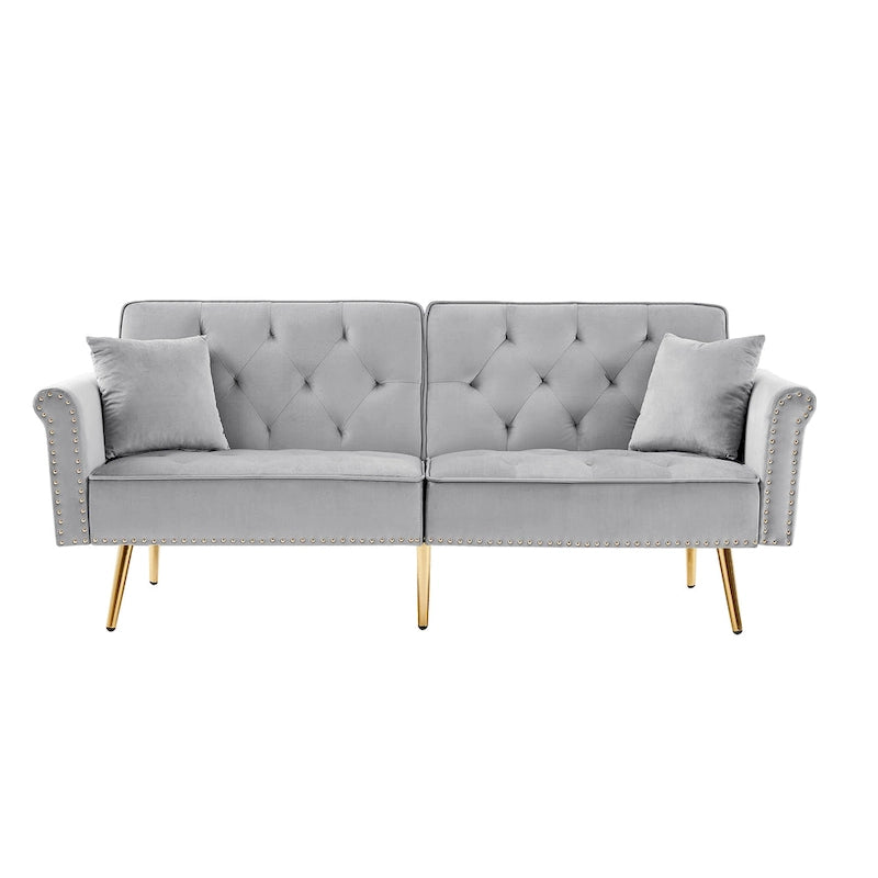 Velvet Tufted Sofa Couch with 2 Pillows and Nailhead Trim