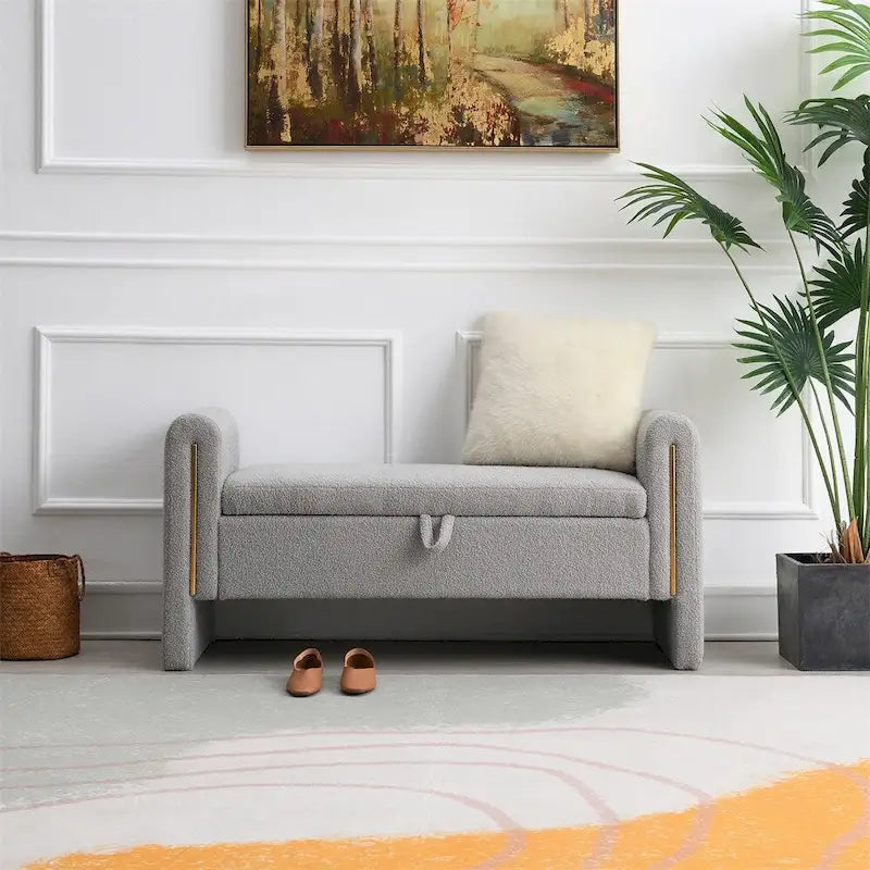 Modern Bed End Bench with Arms and Storage,Upholstered Foot Rest Stool