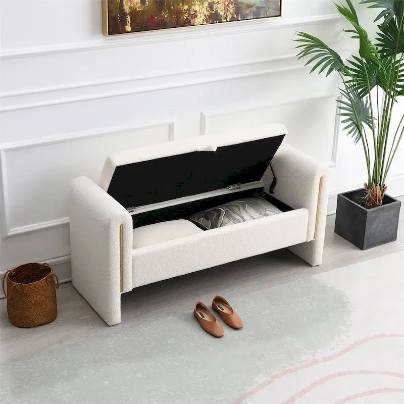 Modern Bed End Bench with Arms and Storage,Upholstered Foot Rest Stool
