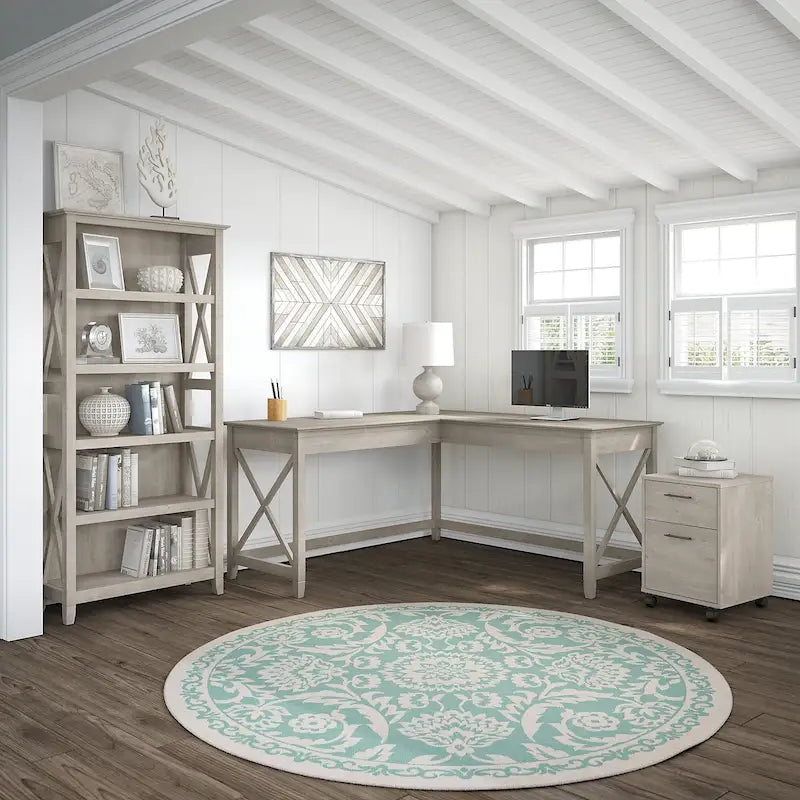 Key West 60W L Desk with File Cabinet and Bookcase by Bush Furniture