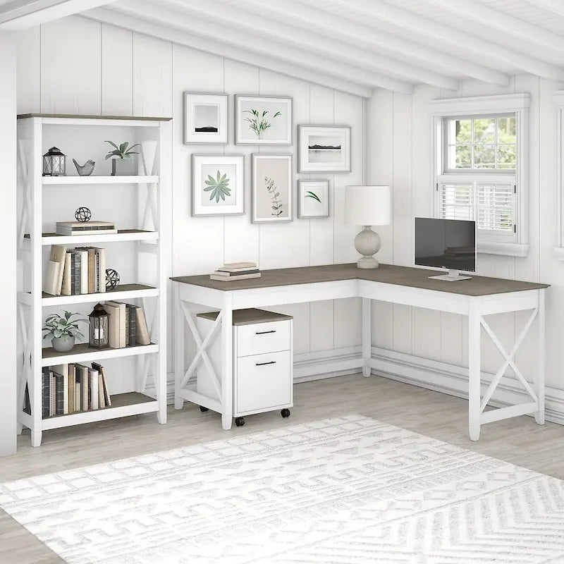 Key West 60W L Desk with File Cabinet and Bookcase by Bush Furniture